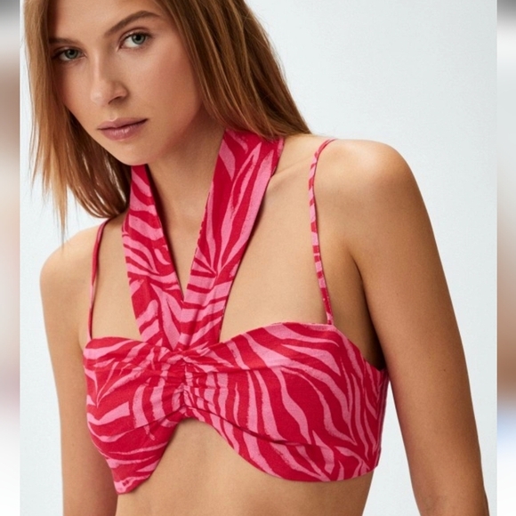 H&M Tie Front Linen Blend Bralette Crop Top. Zebra Print Red/Pink. Size XS NWT - Picture 1 of 16